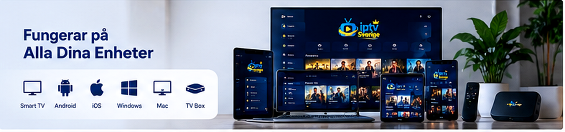 Smart TV, laptop, surfplatta, mobil och TV-box uppställda bredvid varandra