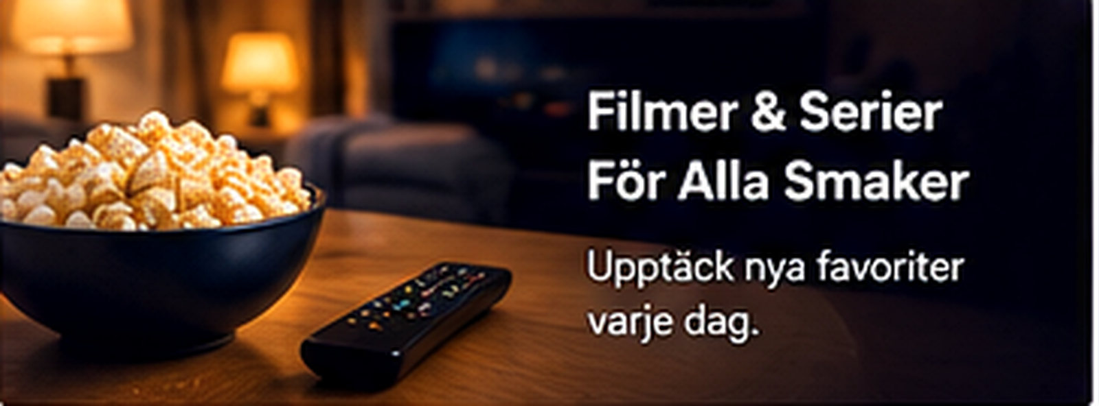 Popcorn och fjärrkontroll på soffbordet framför en tänd TV under en filmkväll